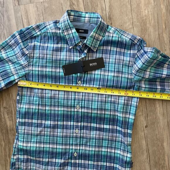 NWT Hugo Boss Men Turquoise Blue & White Plaid Thin Cotton Casual Shirt Sz Small - Picture 7 of 10